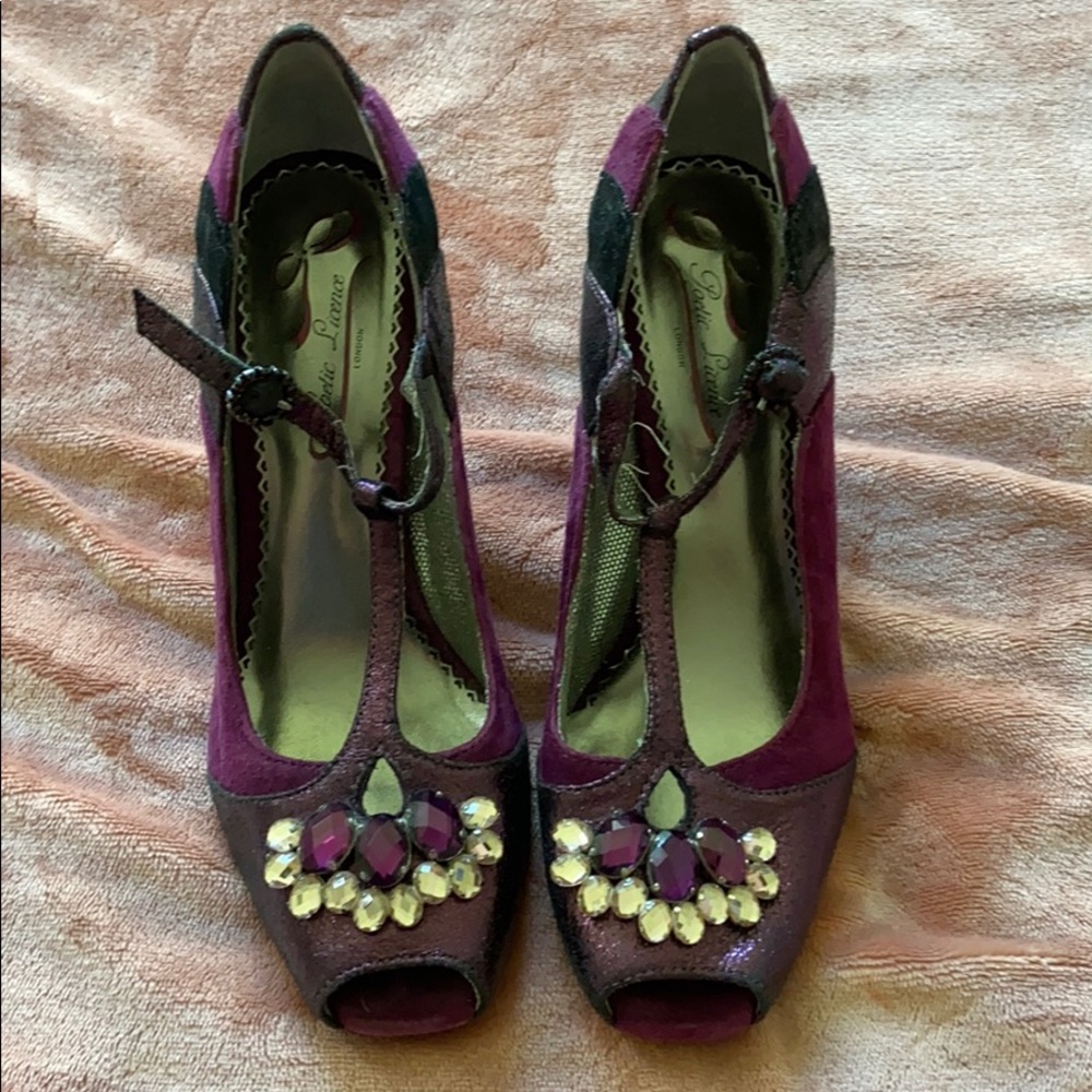 Art Deco Suede Purple T-strap Heels